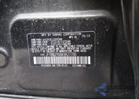 2019 Subaru Wrx Sti Limited from USA, damaged, VIN JF1VA2Y66K9827786